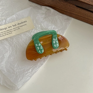 Detail of amber plastic shark clip with green handles and white numeric pattern printing