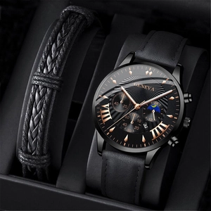 Men's Fashion Quartz Watch Leather Bracelet Set Business Casual Wristwatch For Men Simple Roman Numeral Dial Gift Set