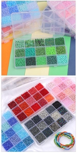 Detail of 15-grid transparent organizer box filled with multi-colored DIY glass seed beads
