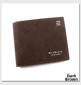 Macro detail of dark brown matte leather texture and stitching on men's bifold wallet