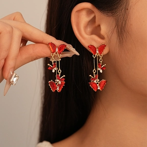 Vintage Red Rhinestone Butterfly Flower Tassel Drop Earrings With Silver Earring Post Elegant Luxury Jewelry For Women