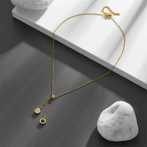 Gold titanium steel Y-necklace with Roman numerals, zircon pendant and black enamel