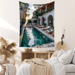 Detailed luxury Mediterranean pool landscape print on high-quality polyester wall tapestry