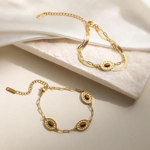 Vintage Tiger Eye Stone Bracelet Stainless Steel Gold Plated Oval Gemstone Double Layer Paperclip Chain For Women