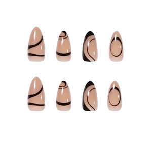 Nordic almond press-on nails with nude base and black abstract lines on white background