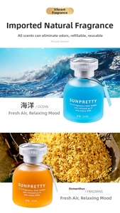 Macro shot of 65ml Sunpretty ocean and floral liquid car air fresheners in glass bottles