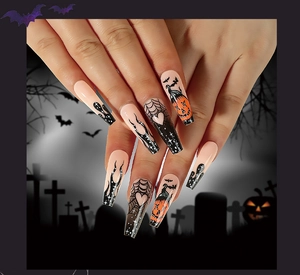 Detailed Halloween coffin nails with orange pumpkins and black spider web art