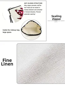 Detail of linen makeup bag showing anti-slip alloy zipper and spacious interior