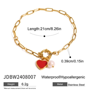 Detail of 18k gold plated steel bracelet with red heart charm and pearl measurements
