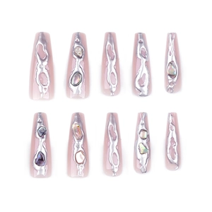 3D metallic silver abstract design on pink coffin press-on nails with iridescent shell accents