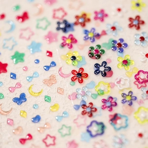 3D colorful matte nail stickers with geometric patterns and golden floral accents