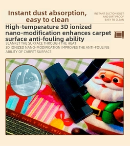 Detail of vacuum cleaning a Santa Claus Christmas mat showing 3D dirt-resistant technology