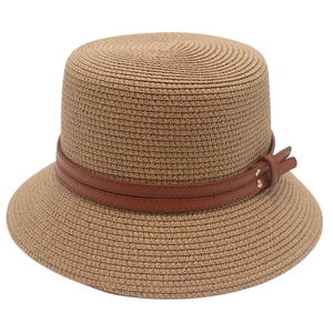 Japanese style khaki paper straw fisherman hat with brown leather belt for sun protection