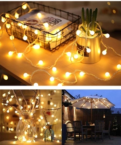 Warm white LED ball string lights used for indoor decor and garden umbrella lighting