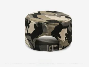 Detailed back view of a camouflage military cap featuring an adjustable metal buckle strap