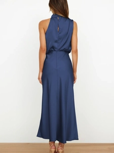 Elegant sleeveless halter satin maxi dress in navy blue with a teardrop back cutout design