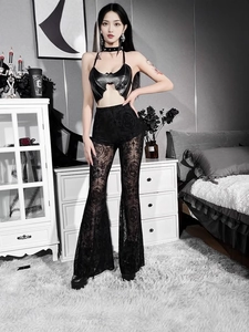 Gothic black PU bat camisole and sheer lace flare trousers set for women