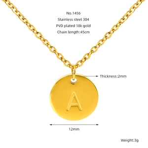 Detail of 12mm 18K gold-plated stainless steel letter A pendant with 45cm chain
