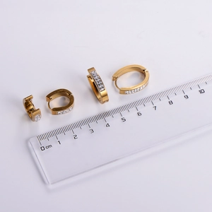 Polished gold stainless steel hoop earrings with inset crystals in two sizes