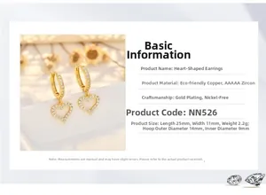 Detail of gold plated copper heart earrings with zircon inlay and product dimensions
