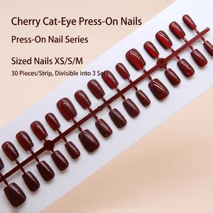Cherry Red Cat Eye Press On Nails Glossy Ballet Shape Detachable Artificial Fingernails For Women