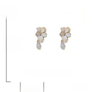 Detailed view of flower earrings with 925 silver needles, crystals and faux pearls