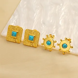 Vintage goldene quadratische und sonnenförmige Ohrringe mit blauem Türkisstein