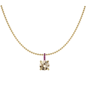 Close-up of a gold bead chain featuring a round champagne zircon pendant and pink stones