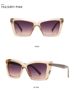 Front and 45-degree side views of modern square cat-eye sunglasses in tea and grey pink