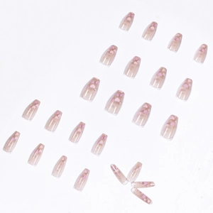 Sweet cream purple long ballerina press-on nails with heart patterns and glossy finish