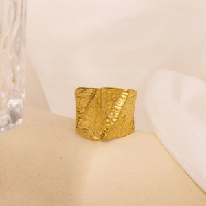 Hammered Textured Wide Band Ring Stainless Steel Gold Plated Adjustable Open Finger Jewelry Women Vintage Minimalist
