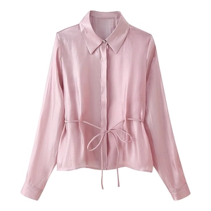 Pink satin long sleeve blouse featuring a lapel collar and drawstring waist detail