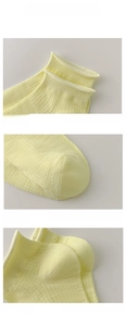 Close-up of bright yellow mesh cotton socks showing ribbed cuffs and reinforced toe detail