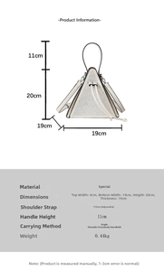 Detailed dimensions and specs of a rhinestone triangle shoulder bag with measurements