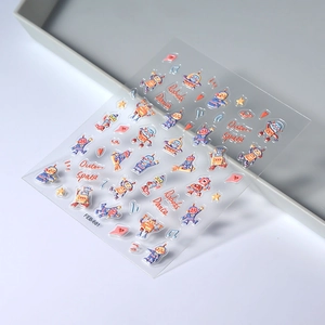 Detail of 3D embossed cute robot nail stickers FEB-681 with stars and hearts