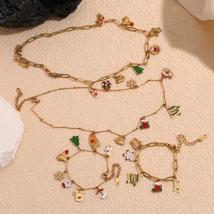 Parure de bijoux trombone de Noël avec breloques émaillées Père Noël et renne dorés