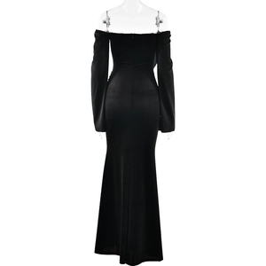 Rear view of a black off-shoulder long sleeve mermaid evening dress with a slim fit