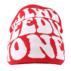 Retro red and white knit beanie with I LIKE FOR MONEY jacquard lettering
