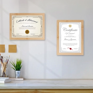Minimalist light wood certificate frames set in horizontal and vertical wall display