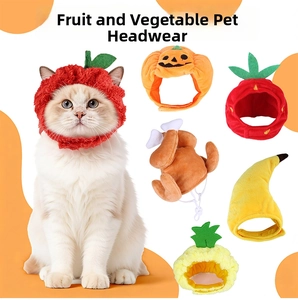 Cat wearing an apple-shaped plush hat with several fruit-themed pet headwear styles