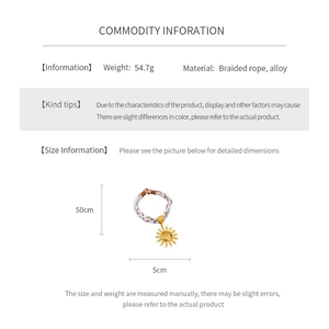 Detail of woven rope necklace with weight info and sun pendant dimensions