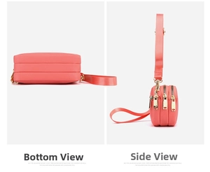 Detail view of pink nylon crossbody bag with three zipper compartments and gold hardware
