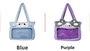 Detail view of plush tote bags with clear PVC windows in blue and purple colors