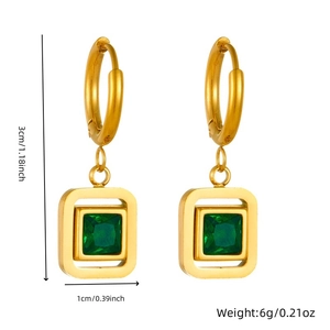 Elegant gold-plated stainless steel earrings with square emerald green zircon stones