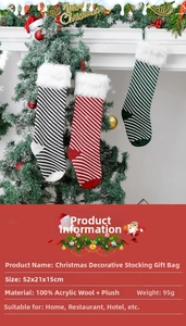 Detailed view of striped plush Christmas stockings with size and material specifications
