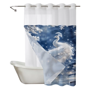 Waterproof double-layer shower curtain with white peacock and snowy starry night print