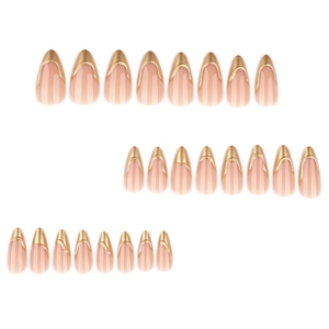 French almond fake nails with 3D metallic gold irregular lines on nude pink base