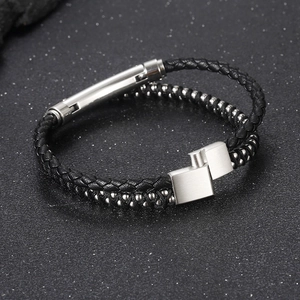 Double-layer black braided leather bracelet with stainless steel beads and magnetic clasp
