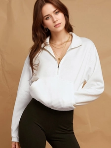 White oversized half-zip hoodie for women in heavyweight cotton with front kangaroo pocket