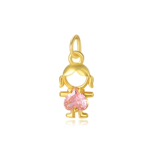 Detailed view of a gold girl charm with a pink heart gemstone for DIY jewelry making